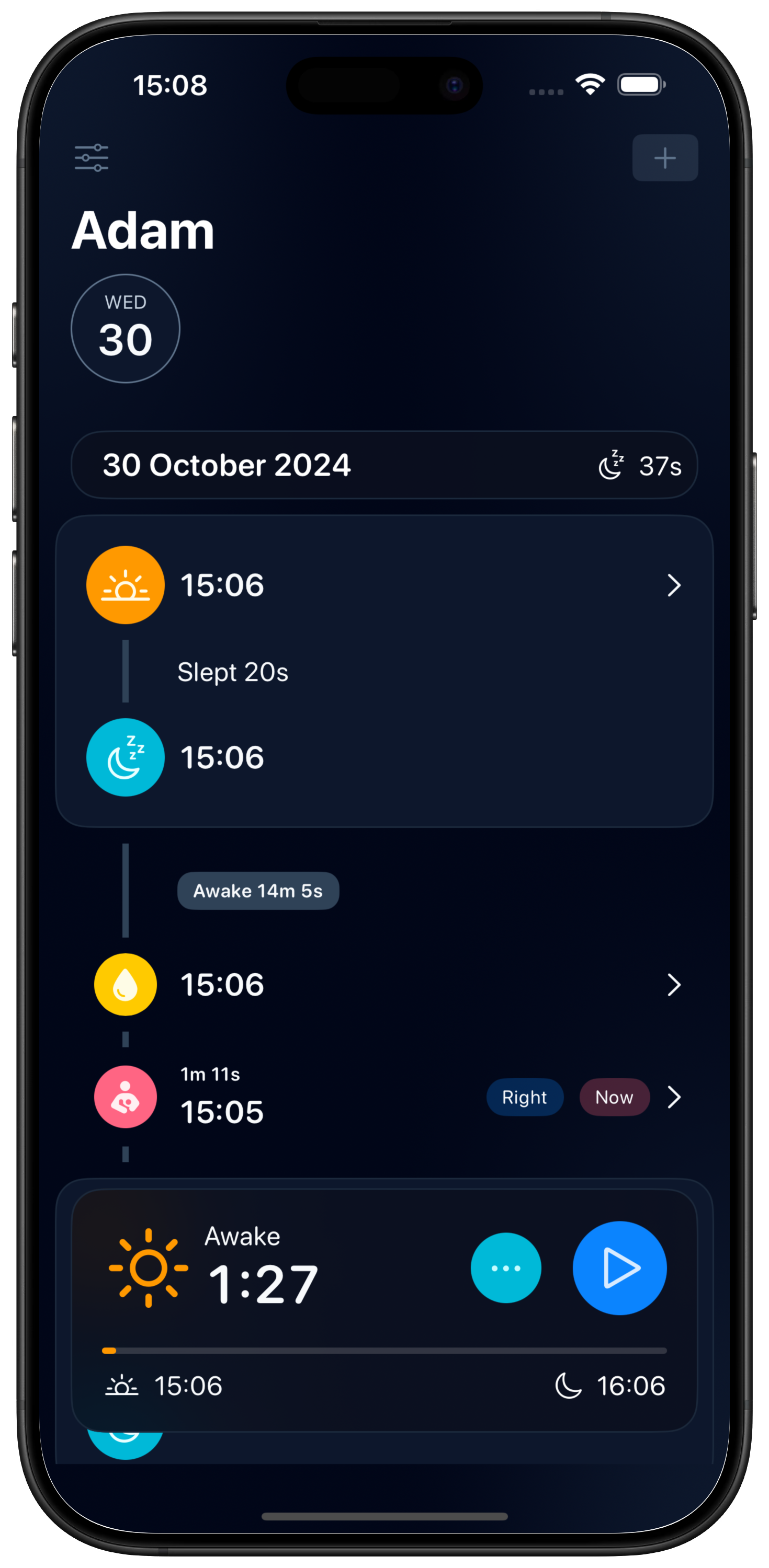 Main View of Wake Wise displaying the baby sleep tracker app bedtime suggestions.